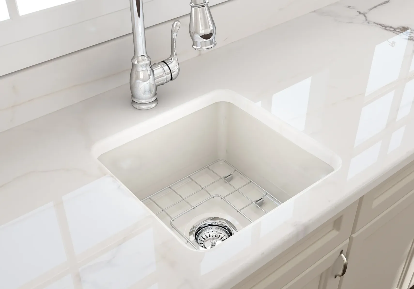 BOCCHI Sotto 18" Fireclay Undermount Single Bowl Bar Sink with Protective Bottom Grid and Strainer, Biscuit, 1359-014-0120