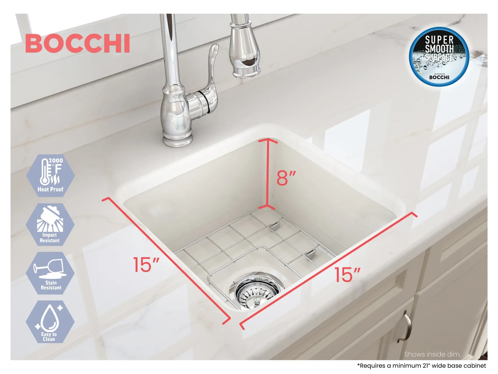 BOCCHI Sotto 18" Fireclay Undermount Single Bowl Bar Sink with Protective Bottom Grid and Strainer, Biscuit, 1359-014-0120