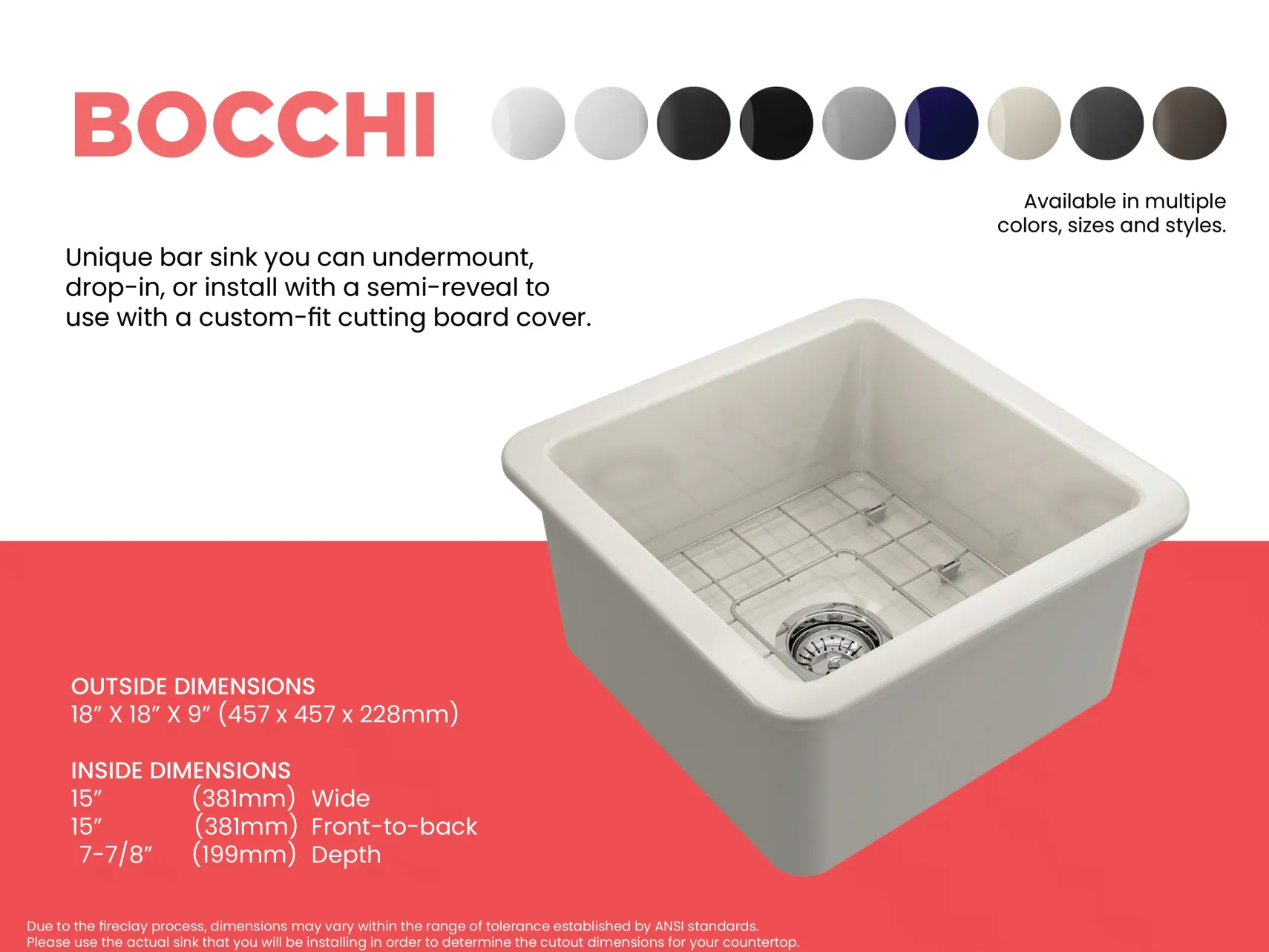 BOCCHI Sotto 18" Fireclay Undermount Single Bowl Bar Sink with Protective Bottom Grid and Strainer, Biscuit, 1359-014-0120