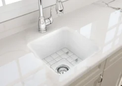BOCCHI Sotto 18" Fireclay Undermount Single Bowl Bar Sink with Protective Bottom Grid and Strainer, White, 1359-001-0120