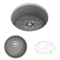 BOCCHI Sotto 18.5" Round Fireclay Undermount Single Bowl Bar Sink with Protective Bottom Grid and Strainer, Matte Gray, 1361-006-0120