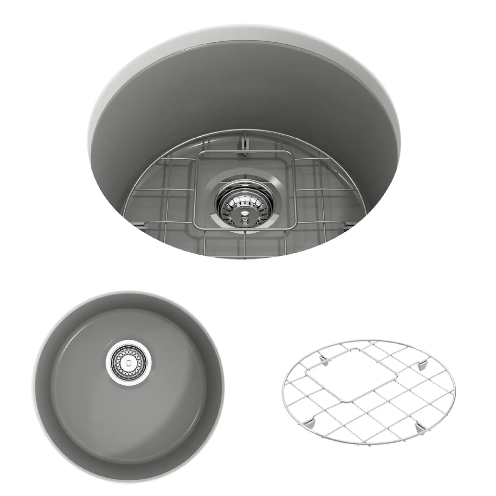 BOCCHI Sotto 18.5" Round Fireclay Undermount Single Bowl Bar Sink with Protective Bottom Grid and Strainer, Matte Gray, 1361-006-0120