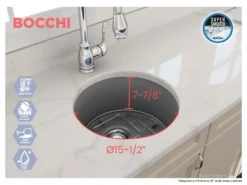 BOCCHI Sotto 18.5" Round Fireclay Undermount Single Bowl Bar Sink with Protective Bottom Grid and Strainer, Matte Gray, 1361-006-0120