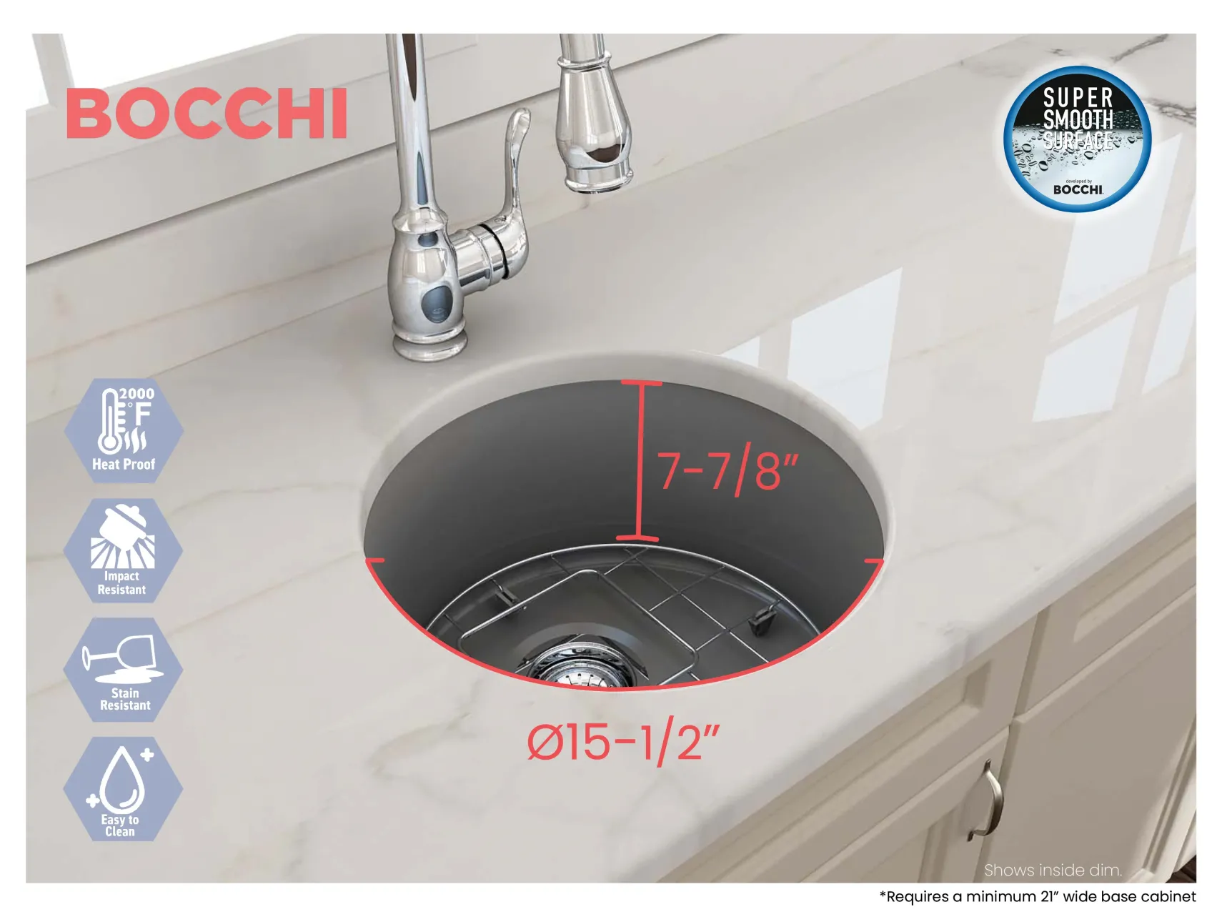 BOCCHI Sotto 18.5" Round Fireclay Undermount Single Bowl Bar Sink with Protective Bottom Grid and Strainer, Matte Gray, 1361-006-0120