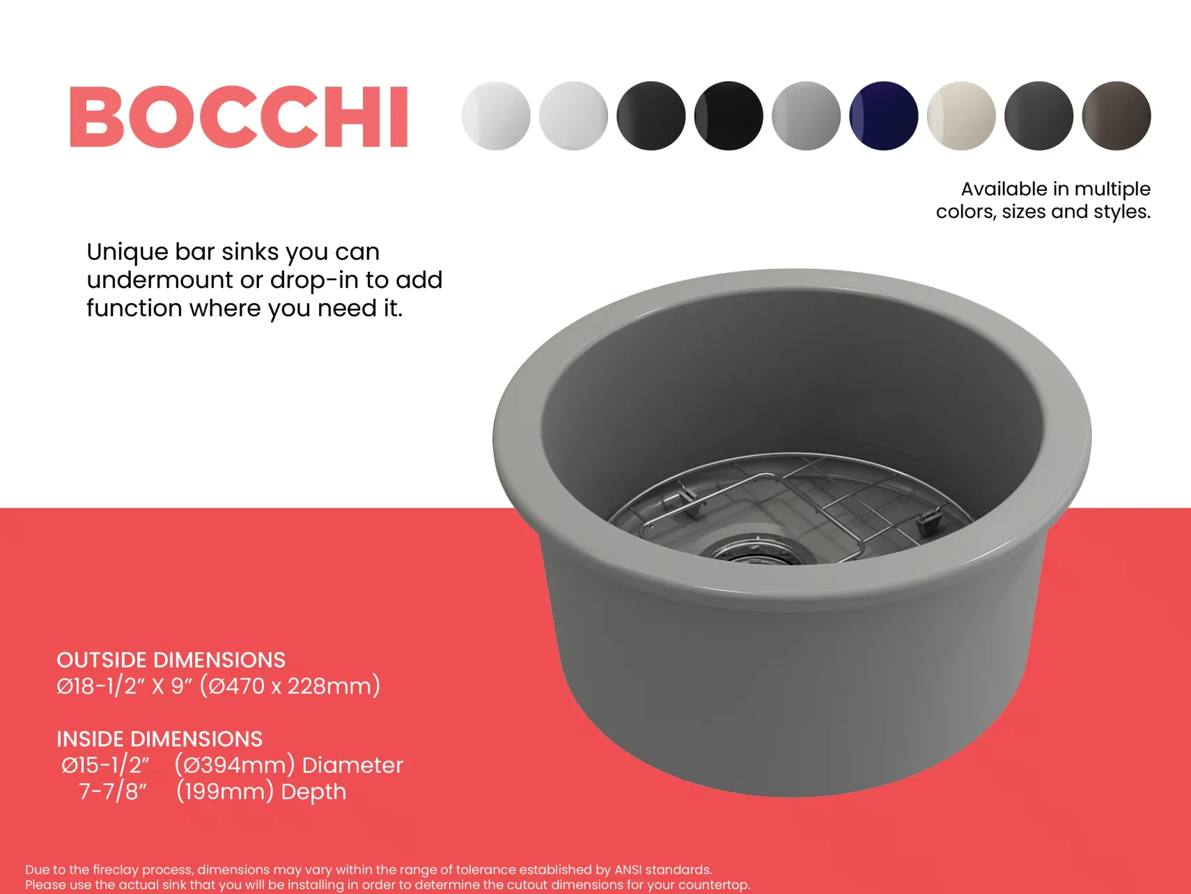 BOCCHI Sotto 18.5" Round Fireclay Undermount Single Bowl Bar Sink with Protective Bottom Grid and Strainer, Matte Gray, 1361-006-0120