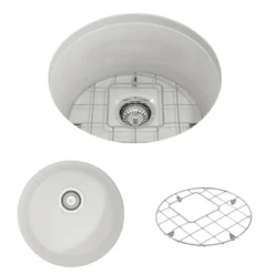 BOCCHI Sotto 18.5" Round Fireclay Undermount Single Bowl Bar Sink with Protective Bottom Grid and Strainer, White, 1361-001-0120