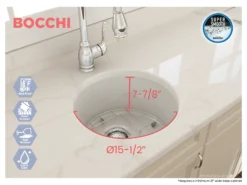 BOCCHI Sotto 18.5" Round Fireclay Undermount Single Bowl Bar Sink with Protective Bottom Grid and Strainer, Biscuit, 1361-014-0120