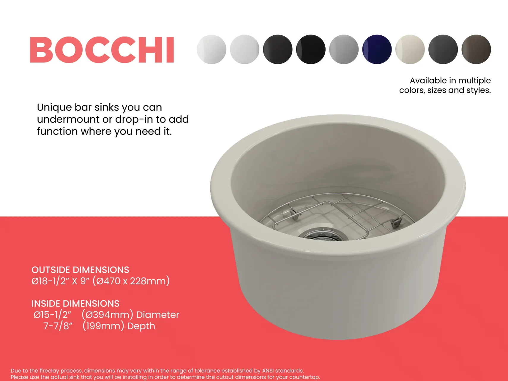 BOCCHI Sotto 18.5" Round Fireclay Undermount Single Bowl Bar Sink with Protective Bottom Grid and Strainer, Biscuit, 1361-014-0120