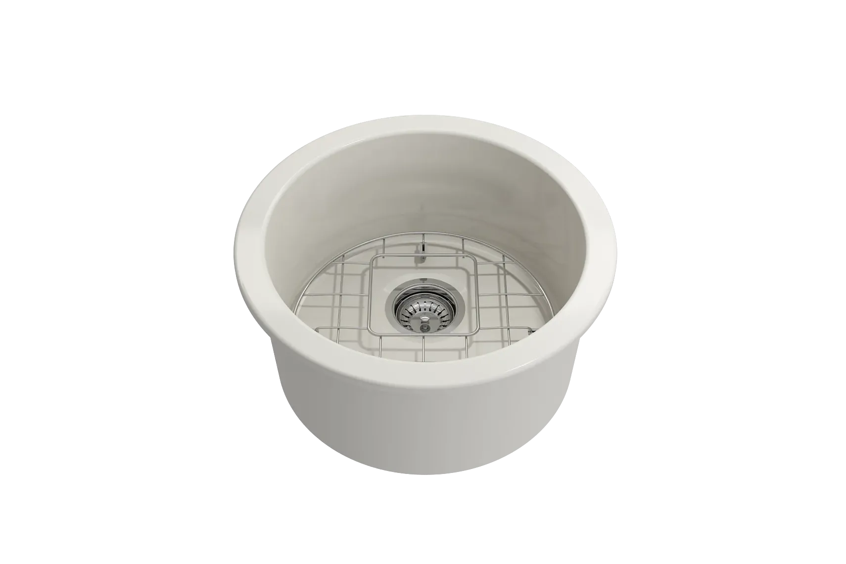 BOCCHI Sotto 18.5" Round Fireclay Undermount Single Bowl Bar Sink with Protective Bottom Grid and Strainer, Biscuit, 1361-014-0120