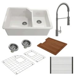 BOCCHI Sotto 33" White Dual Mount Fireclay Workstation Kitchen Sink Kit with Stainless Steel Faucet, 60/40 Double Bowl, 1506-001-2020SS