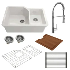 BOCCHI Sotto 33" White Dual Mount Fireclay Workstation Kitchen Sink Kit with Chrome Faucet and Accessories, 60/40 Double Bowl, 1506-001-2020CH