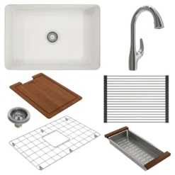 BOCCHI Sotto 27" White Fireclay Dual Mount Single Bowl Kitchen Sink Kit with Stainless Steel Faucet and Accessories, 1360-001-2024SS