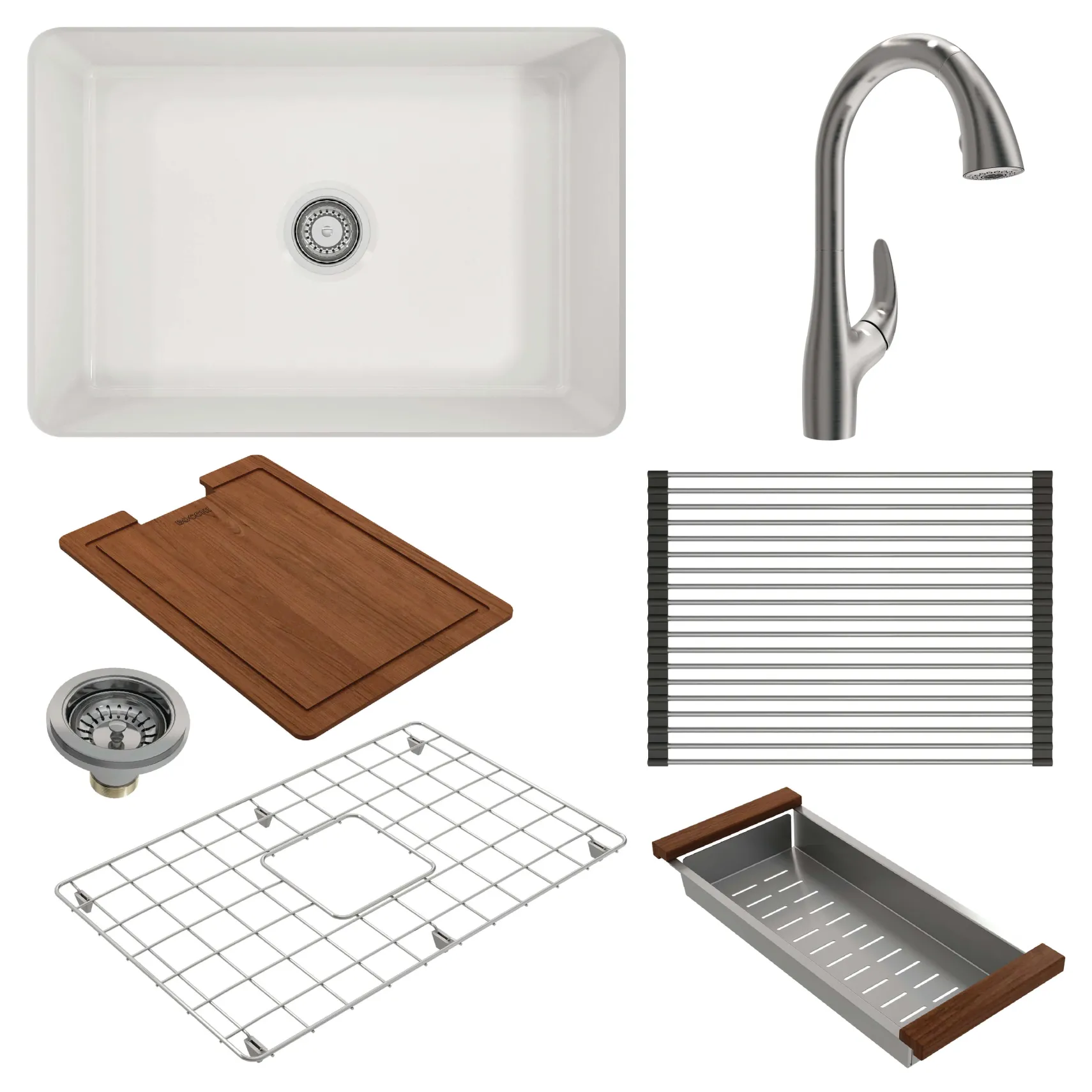 BOCCHI Sotto 27" White Fireclay Dual Mount Single Bowl Kitchen Sink Kit with Stainless Steel Faucet and Accessories, 1360-001-2024SS