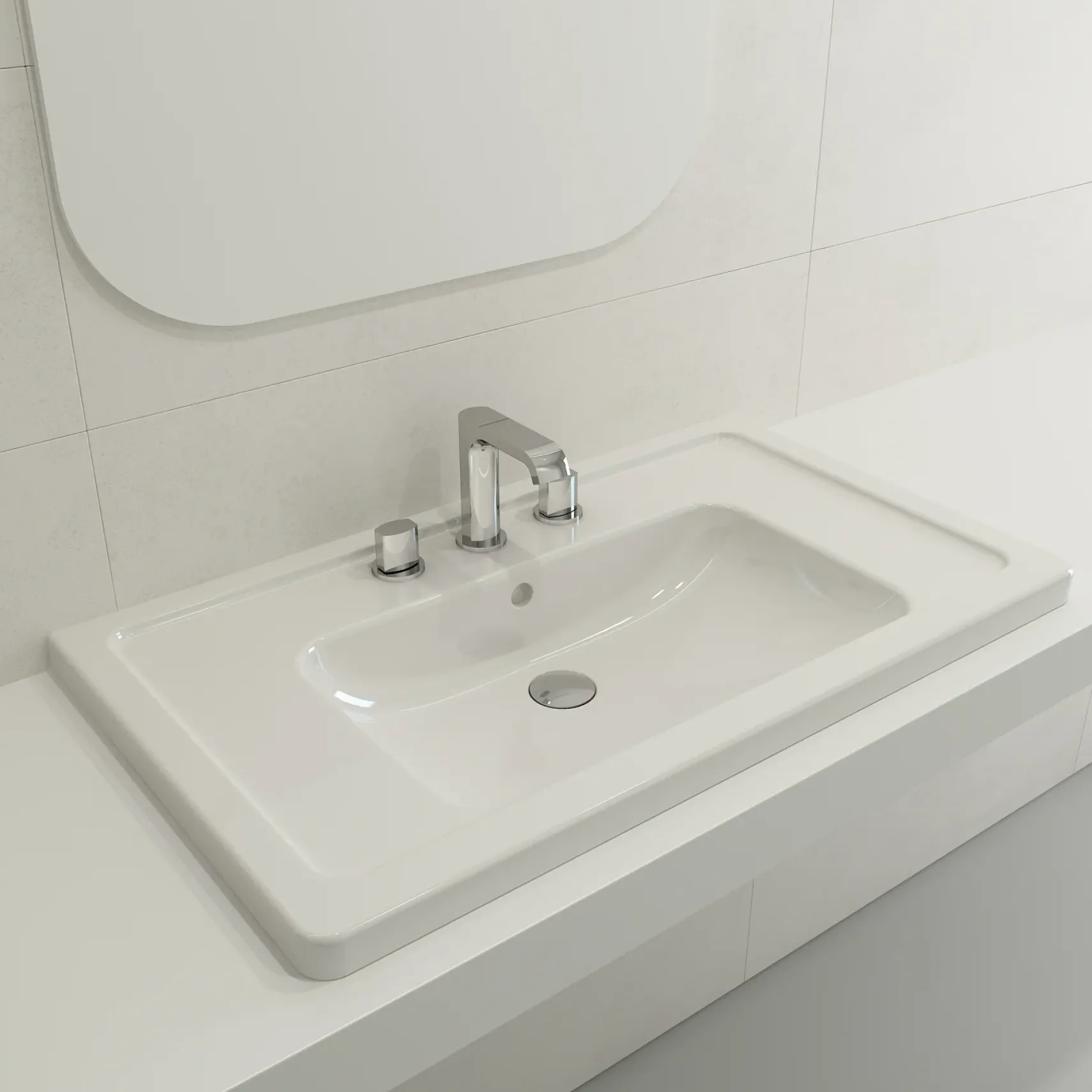BOCCHI Taormina 34" Rectangle Wallmount Fireclay Bathroom Sink, White, 3 Faucet Hole, 1008-001-0127