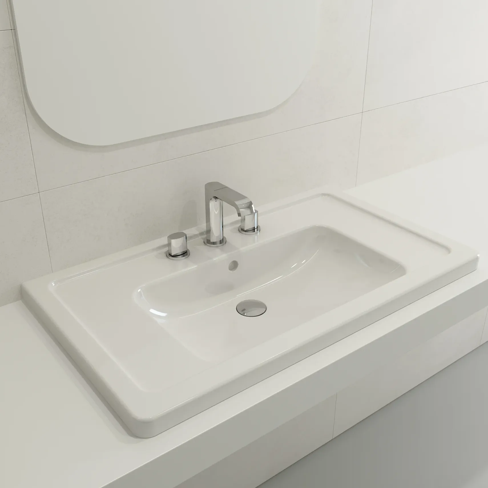 BOCCHI Taormina 34" Rectangle Wallmount Fireclay Bathroom Sink, White, 3 Faucet Hole, 1008-001-0127