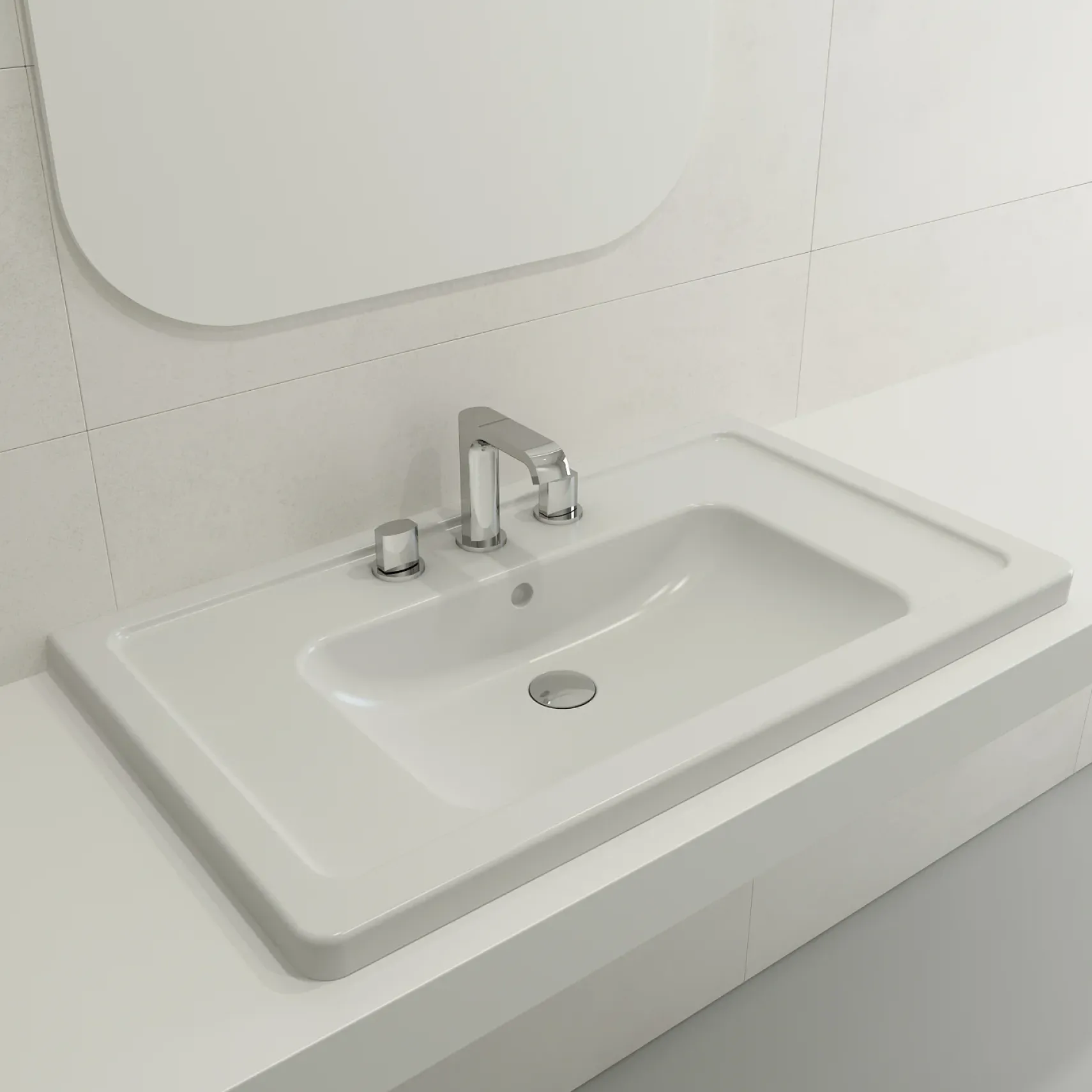 BOCCHI Taormina 34" Rectangle Wallmount Fireclay Bathroom Sink, Matte White, 3 Faucet Hole, 1008-002-0127