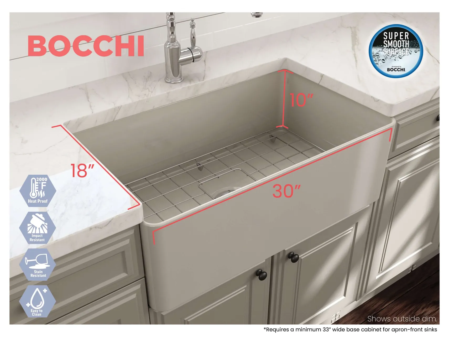 BOCCHI Aderci Ultra-Slim 30" Fireclay Farmhouse Sink, Biscuit, 1481-014-0120