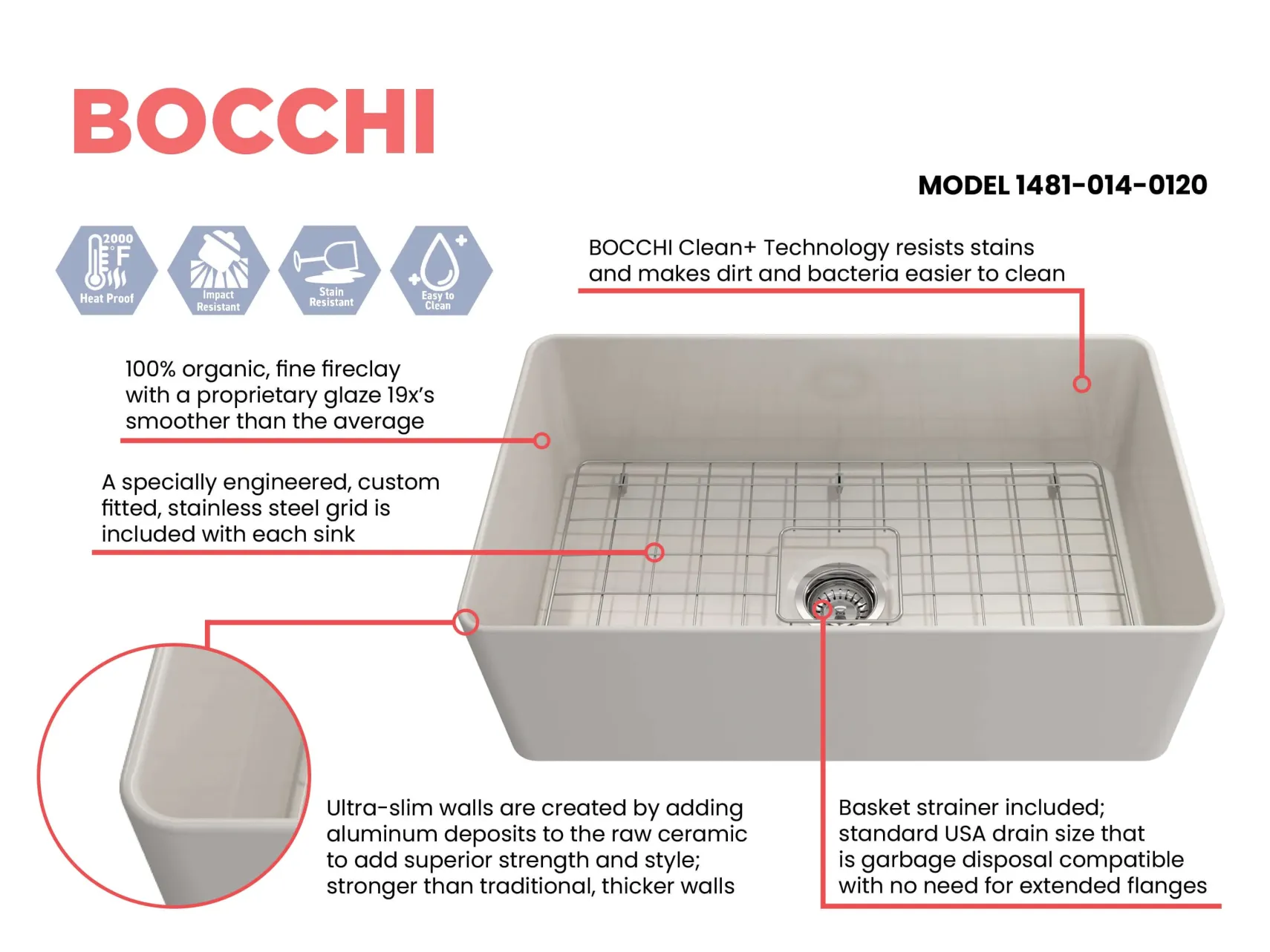 BOCCHI Aderci Ultra-Slim 30" Fireclay Farmhouse Sink, Biscuit, 1481-014-0120
