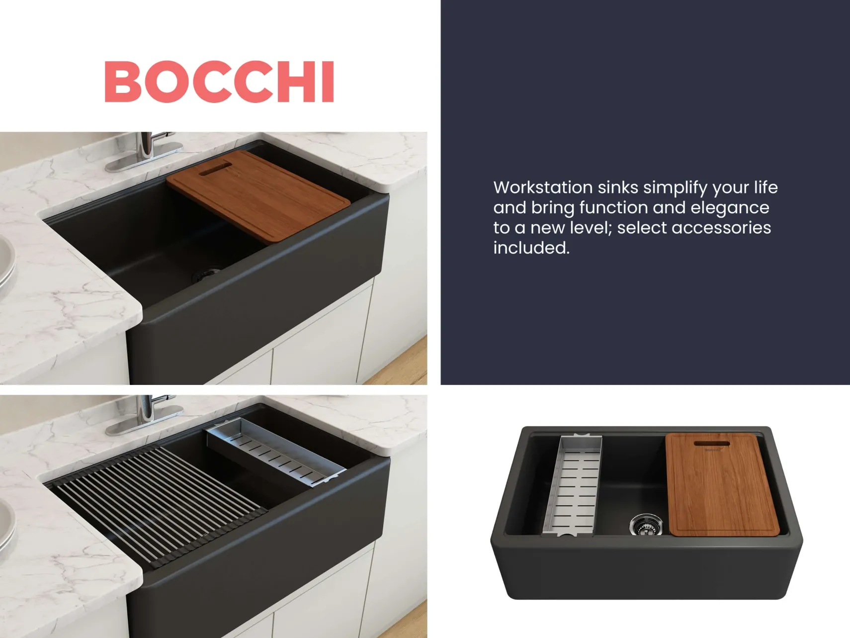 BOCCHI Arona 33" Composite Granite Workstation Farmhouse Sink with Accessories, Matte Black, 1600-504-0120