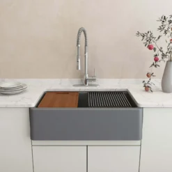 BOCCHI Arona 33" Composite Granite Workstation Farmhouse Sink with Accessories, Concrete Gray, 1600-506-0120