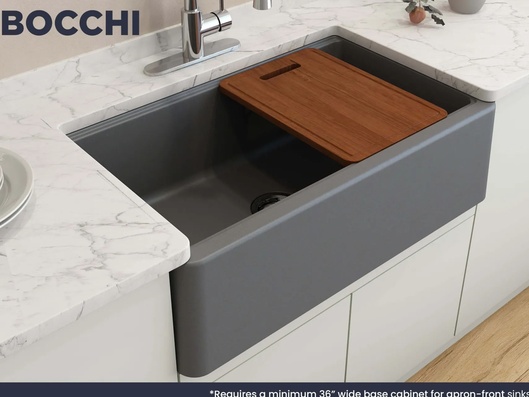 BOCCHI Arona 33" Composite Granite Workstation Farmhouse Sink with Accessories, Concrete Gray, 1600-506-0120