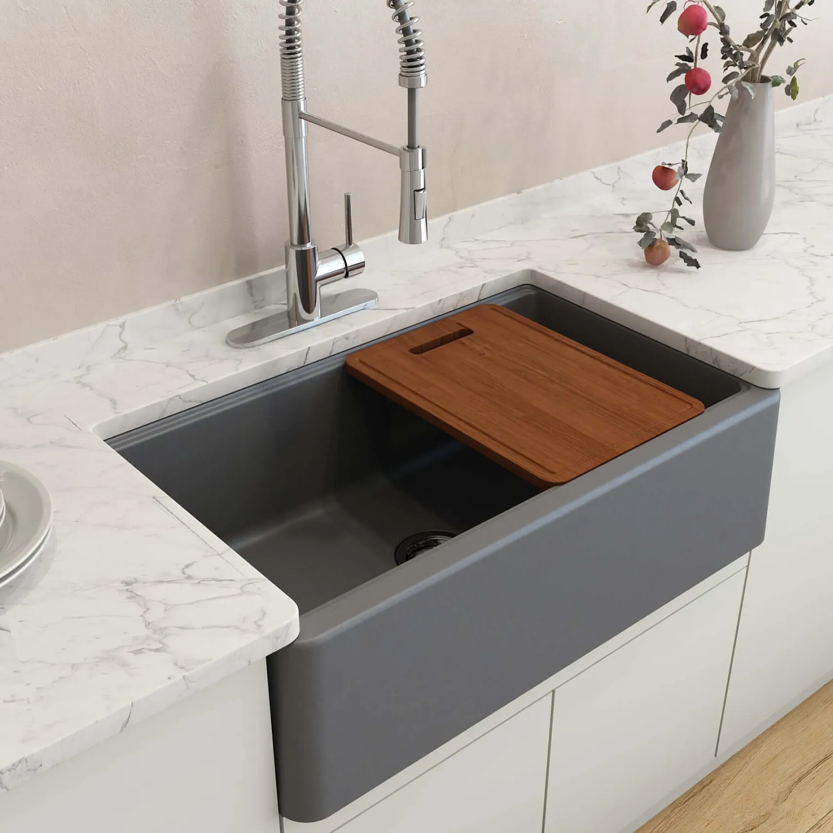 BOCCHI Arona 33" Composite Granite Workstation Farmhouse Sink with Accessories, Concrete Gray, 1600-506-0120