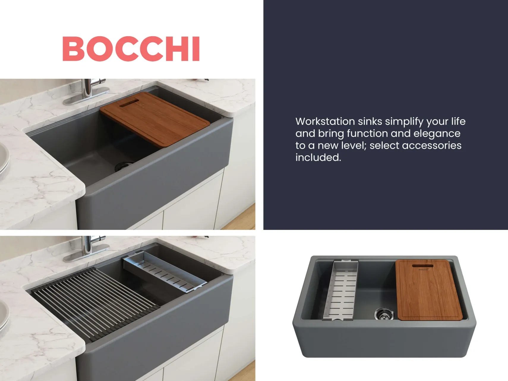 BOCCHI Arona 33" Composite Granite Workstation Farmhouse Sink with Accessories, Concrete Gray, 1600-506-0120