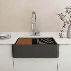 BOCCHI Arona 33" Composite Granite Workstation Farmhouse Sink with Accessories, Metallic Black, 1600-505-0120