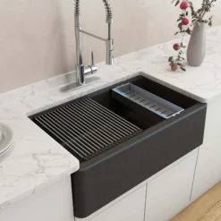 BOCCHI Arona 33" Composite Granite Workstation Farmhouse Sink with Accessories, Metallic Black, 1600-505-0120