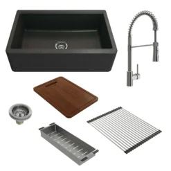 BOCCHI Arona 33" Granite Workstation Farmhouse Sink Kit with Faucet and Accessories, Metallic Black (sink) / Stainless Steel (faucet), 1600-505-2020SS