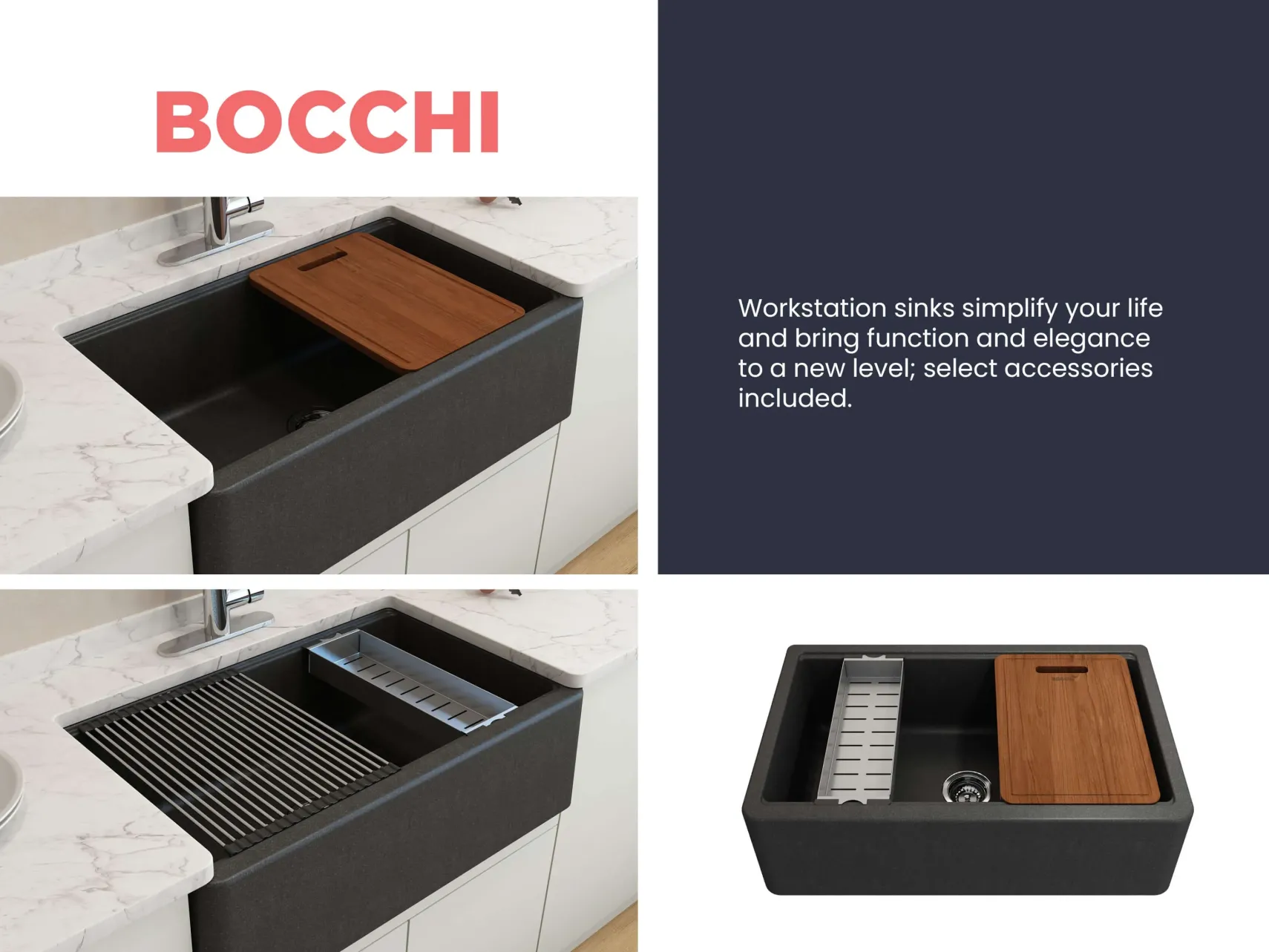 BOCCHI Arona 33" Granite Workstation Farmhouse Sink Kit with Faucet and Accessories, Metallic Black (sink) / Stainless Steel (faucet), 1600-505-2020SS