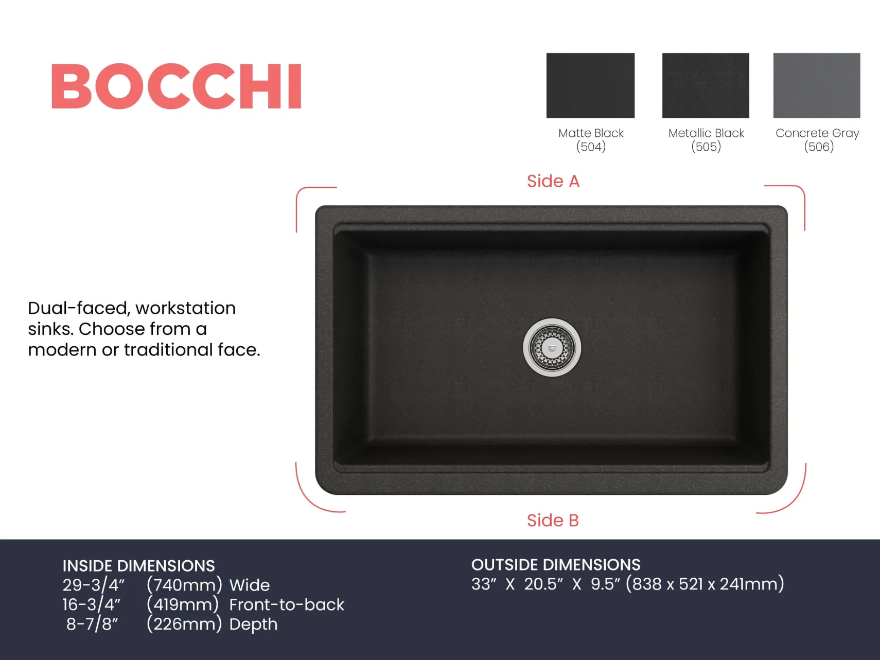 BOCCHI Arona 33" Granite Workstation Farmhouse Sink Kit with Faucet and Accessories, Metallic Black (sink) / Stainless Steel (faucet), 1600-505-2020SS