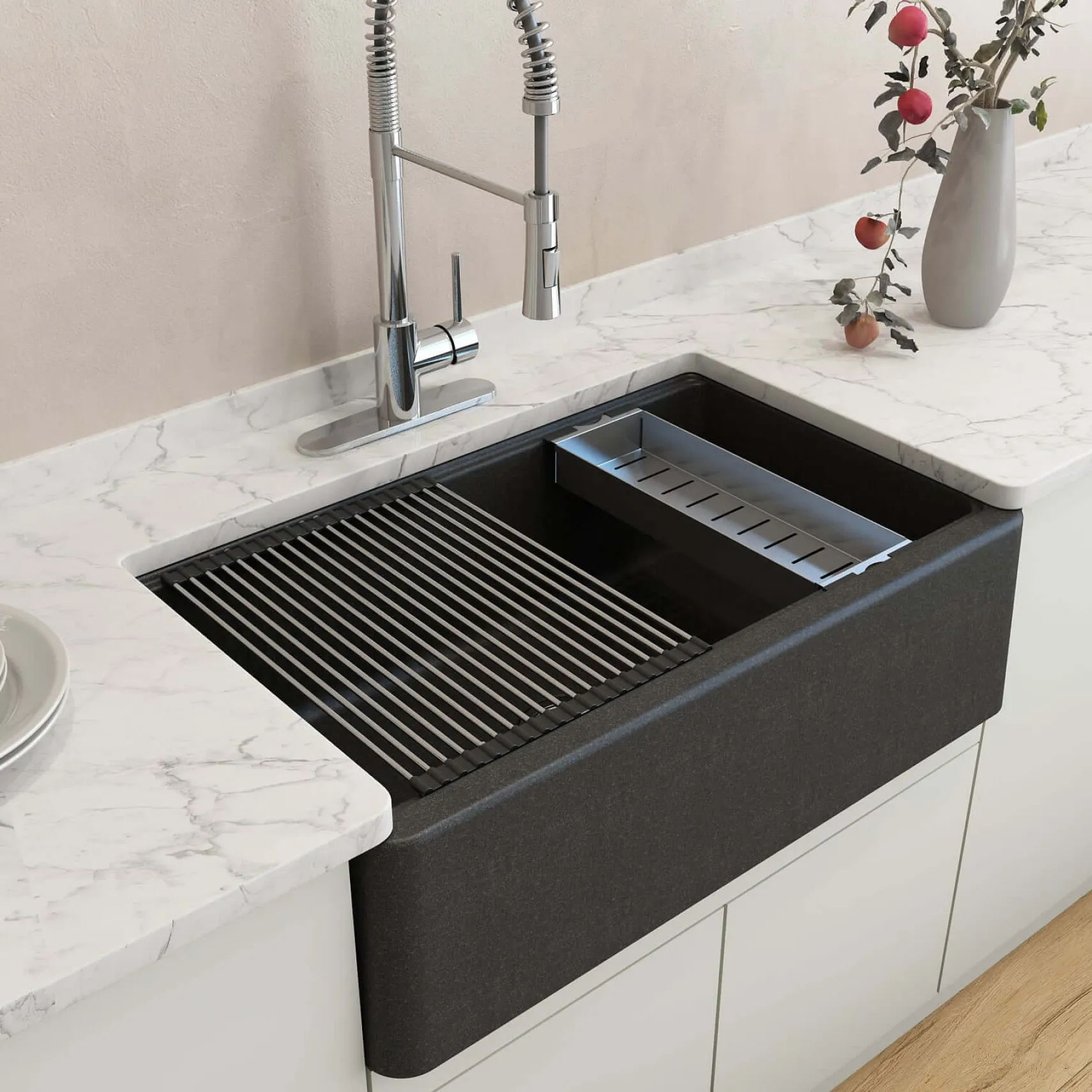 BOCCHI Arona 33" Granite Workstation Farmhouse Sink Kit with Faucet and Accessories, Metallic Black (sink) / Stainless Steel (faucet), 1600-505-2020SS