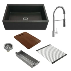 BOCCHI Arona 33" Granite Workstation Farmhouse Sink Kit with Faucet and Accessories, Metallic Black (sink) / Chrome (faucet), 1600-505-2020CH