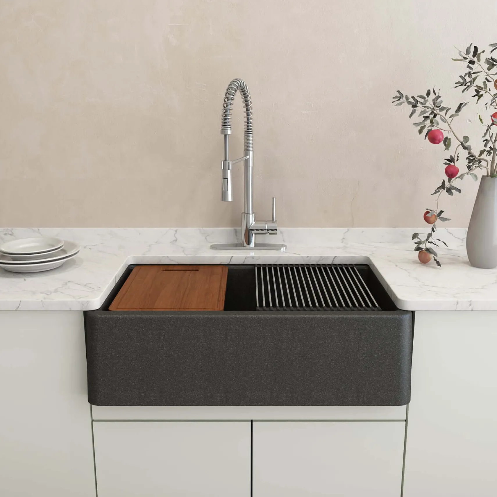 BOCCHI Arona 33" Granite Workstation Farmhouse Sink Kit with Faucet and Accessories, Metallic Black (sink) / Chrome (faucet), 1600-505-2020CH