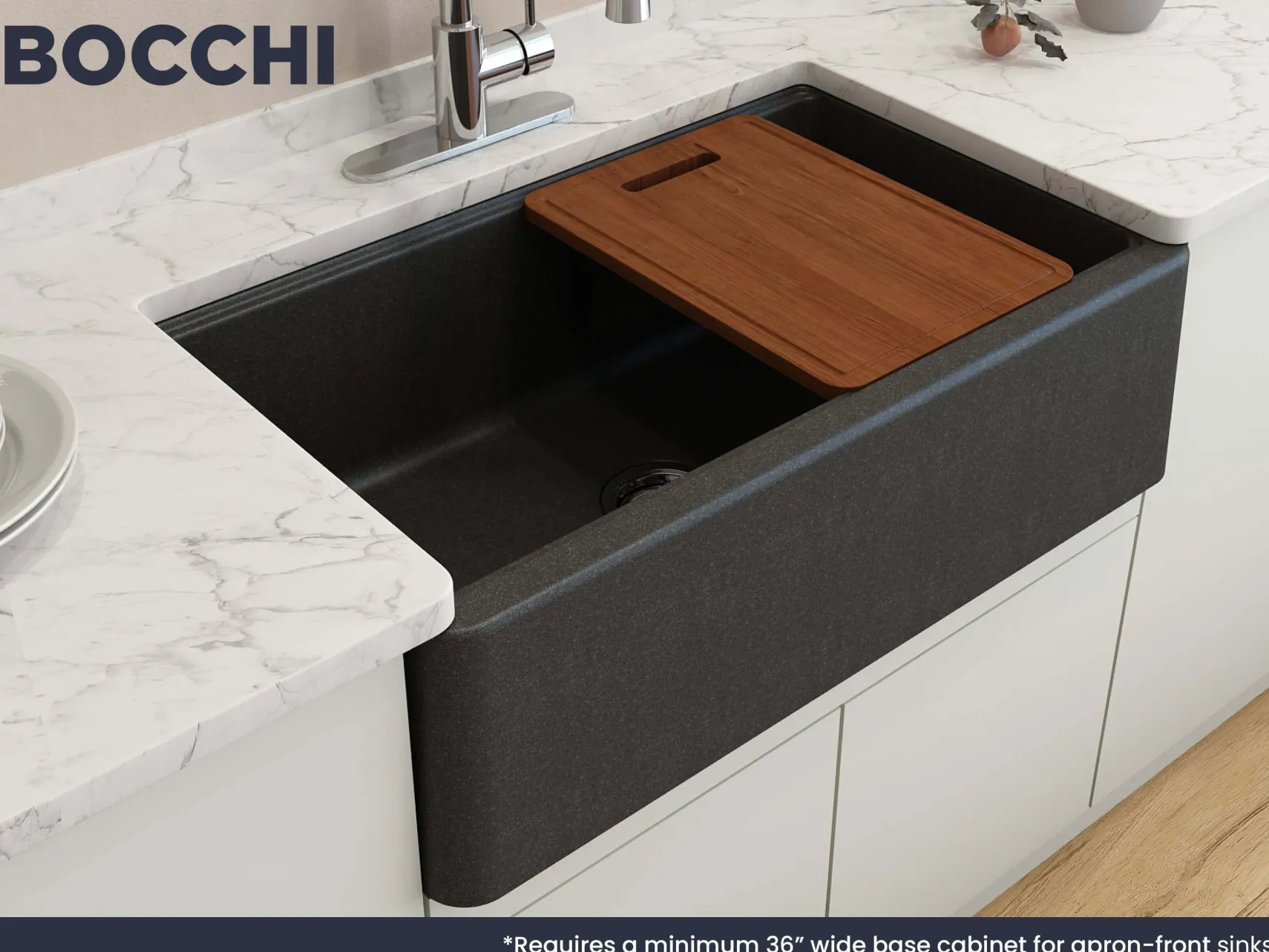 BOCCHI Arona 33" Granite Workstation Farmhouse Sink Kit with Faucet and Accessories, Metallic Black (sink) / Chrome (faucet), 1600-505-2020CH