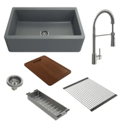 BOCCHI Arona 33" Granite Workstation Farmhouse Sink Kit with Faucet and Accessories, Concrete Gray (sink) / Stainless Steel (faucet), 1600-506-2020SS