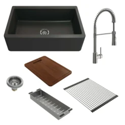 BOCCHI Arona 33" Granite Workstation Farmhouse Sink Kit with Faucet and Accessories, Matte Black (sink) / Stainless Steel (faucet), 1600-504-2020SS