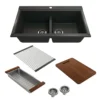 BOCCHI Baveno Lux 34" Undermount Granite Workstation Kitchen Sink Kit with Accessories, 50/50 Double Bowl, Metallic Black, 1618-505-0126