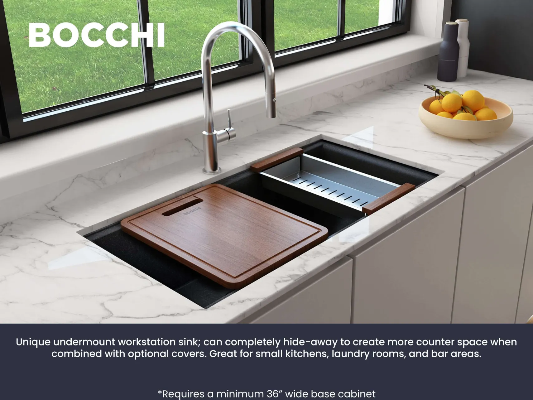 BOCCHI Baveno Lux 34" Undermount Granite Workstation Kitchen Sink Kit with Accessories, 50/50 Double Bowl, Metallic Black, 1618-505-0126