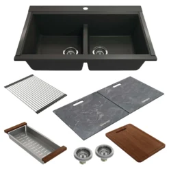 BOCCHI Baveno Lux 34" Undermount Granite Workstation Kitchen Sink Kit with Accessories, 50/50 Double Bowl, Matte Black, 1618-504-0126HP