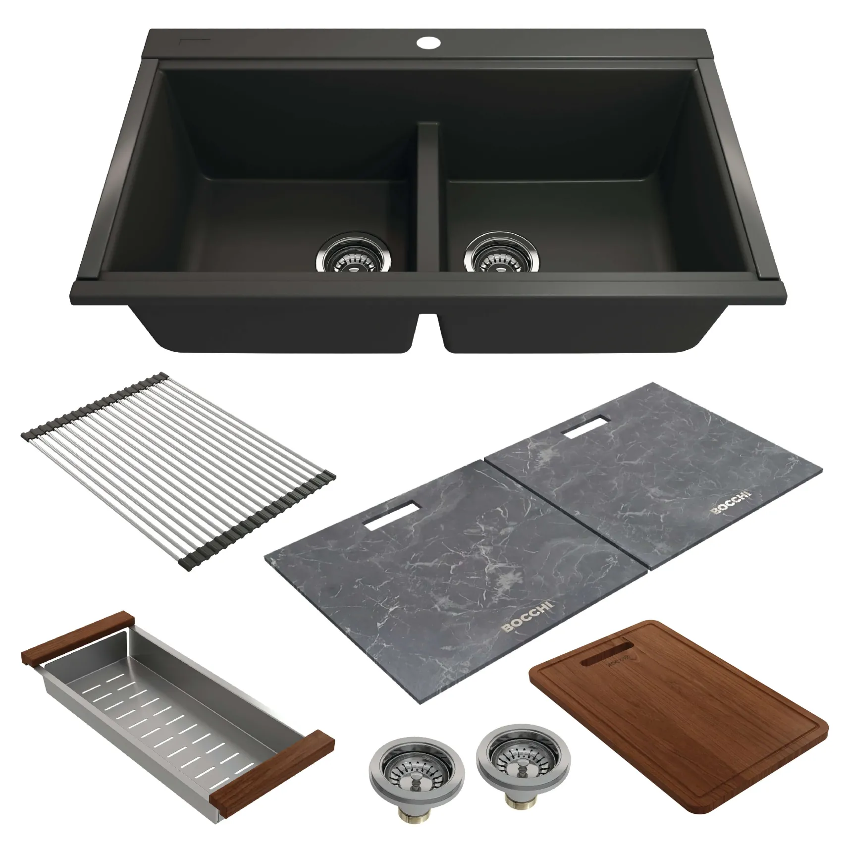 BOCCHI Baveno Lux 34" Undermount Granite Workstation Kitchen Sink Kit with Accessories, 50/50 Double Bowl, Matte Black, 1618-504-0126HP