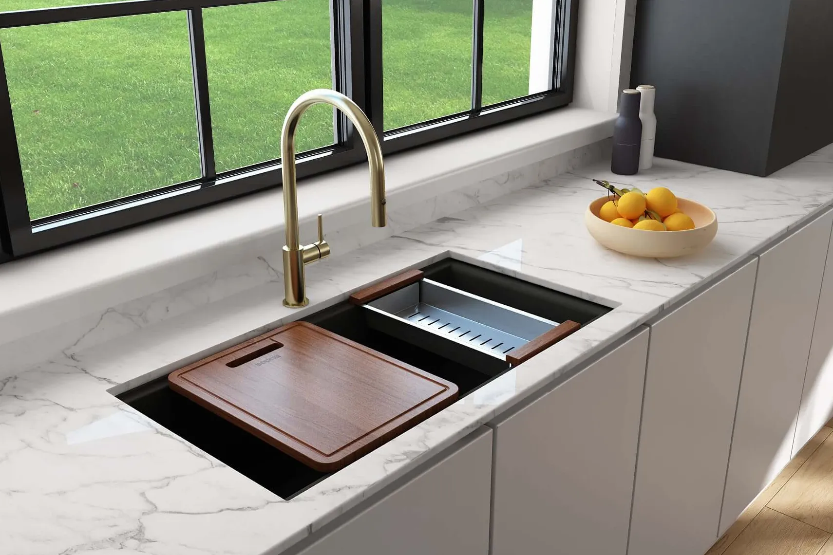 BOCCHI Baveno Lux 34" Undermount Granite Workstation Kitchen Sink Kit with Accessories, 50/50 Double Bowl, Matte Black, 1618-504-0126HP