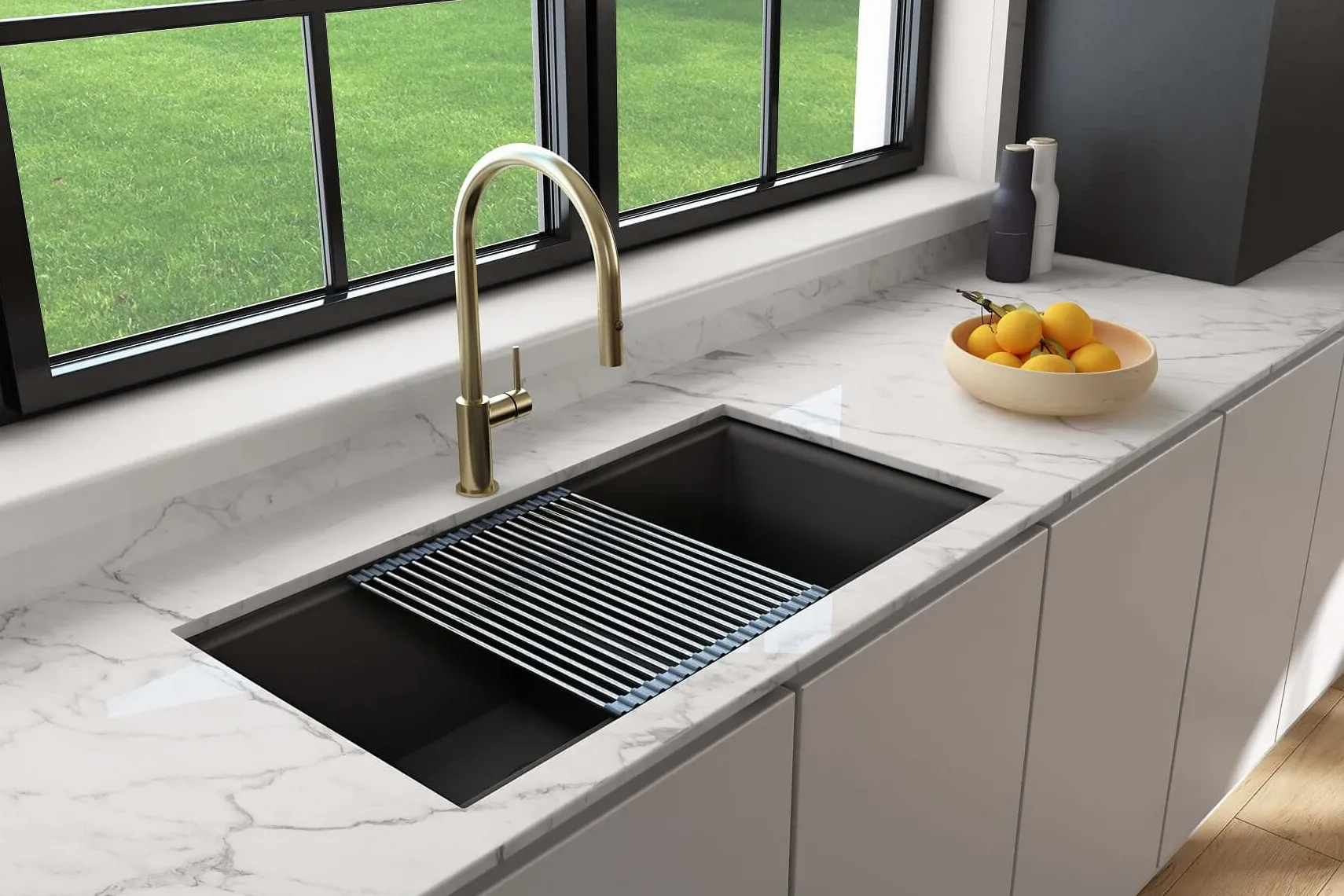 BOCCHI Baveno Lux 34" Undermount Granite Workstation Kitchen Sink Kit with Accessories, 50/50 Double Bowl, Matte Black, 1618-504-0126HP