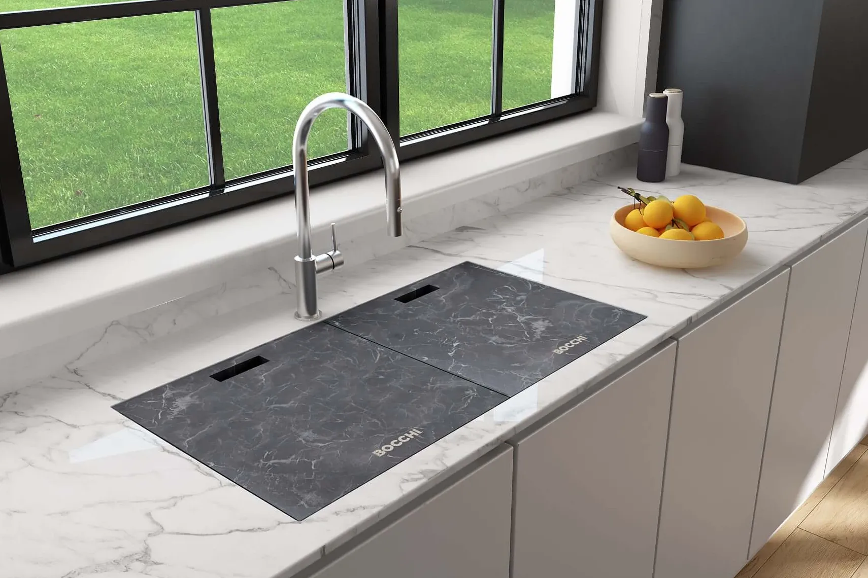 BOCCHI Baveno Lux 34" Undermount Granite Workstation Kitchen Sink Kit with Accessories, 50/50 Double Bowl, Matte Black, 1618-504-0126HP