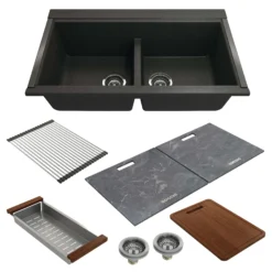 BOCCHI Baveno Lux 34" Undermount Granite Workstation Kitchen Sink Kit with Accessories, 50/50 Double Bowl, Metallic Black, 1618-505-0126HP