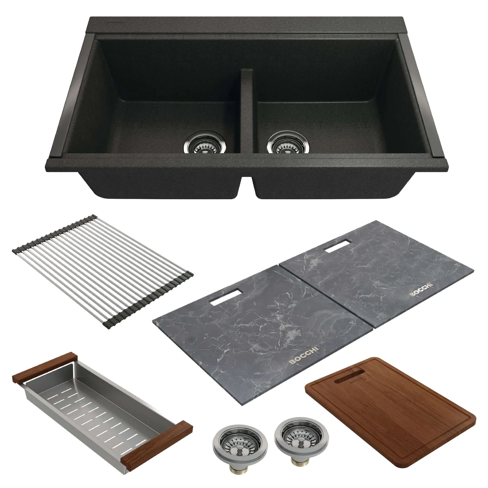 BOCCHI Baveno Lux 34" Undermount Granite Workstation Kitchen Sink Kit with Accessories, 50/50 Double Bowl, Metallic Black, 1618-505-0126HP