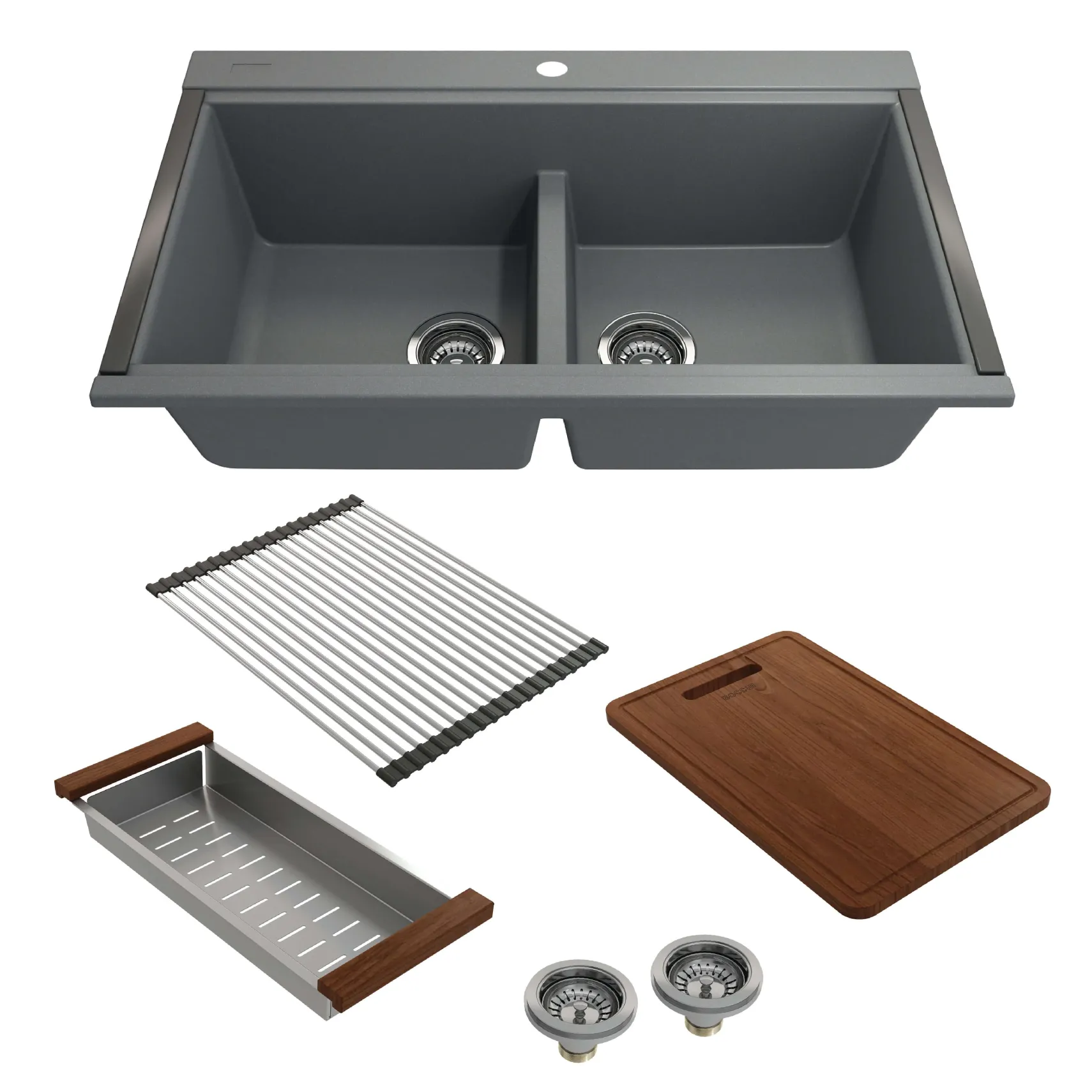 BOCCHI Baveno Lux 34" Undermount Granite Workstation Kitchen Sink Kit with Accessories, 50/50 Double Bowl, Concrete Gray, 1618-506-0126