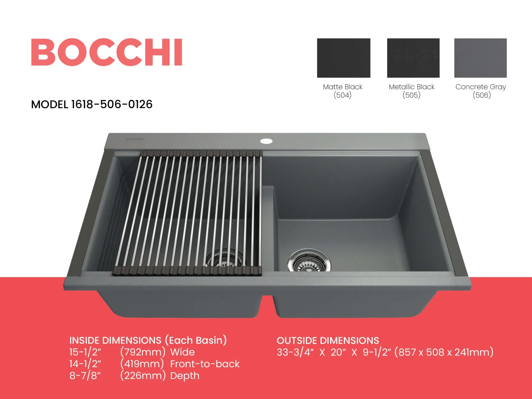 BOCCHI Baveno Lux 34" Undermount Granite Workstation Kitchen Sink Kit with Accessories, 50/50 Double Bowl, Concrete Gray, 1618-506-0126