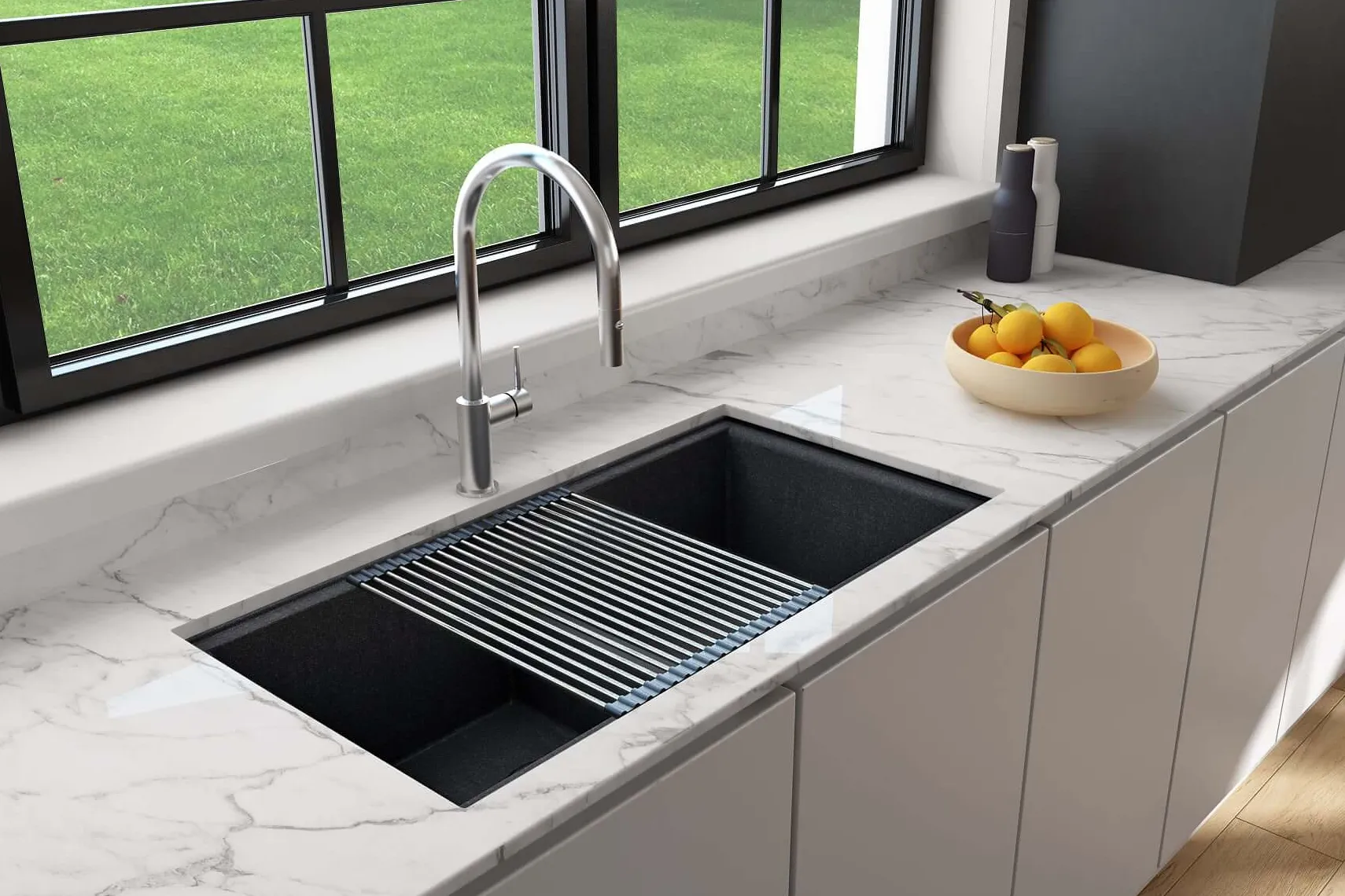 BOCCHI Baveno Lux 34" Undermount Granite Workstation Kitchen Sink Kit with Accessories, 50/50 Double Bowl, Concrete Gray, 1618-506-0126